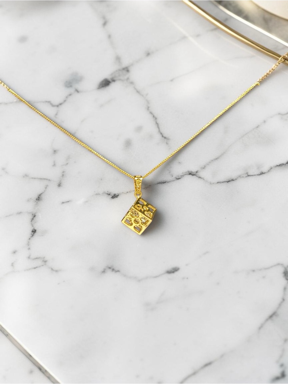 Gold Mini Cube w/ crystal Pendant Necklace